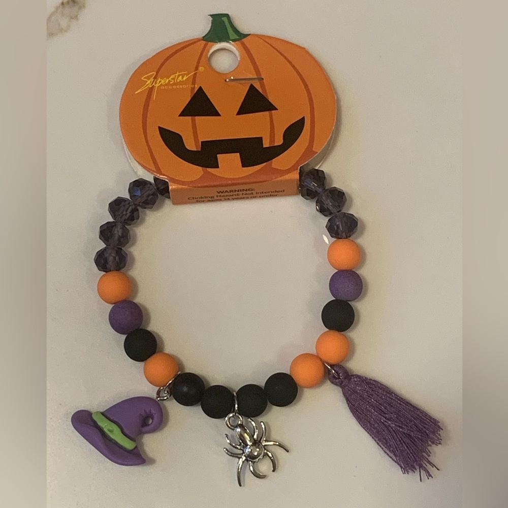 Kids Halloween Accessories Purple Witch Hat Spider Charms Bracelet